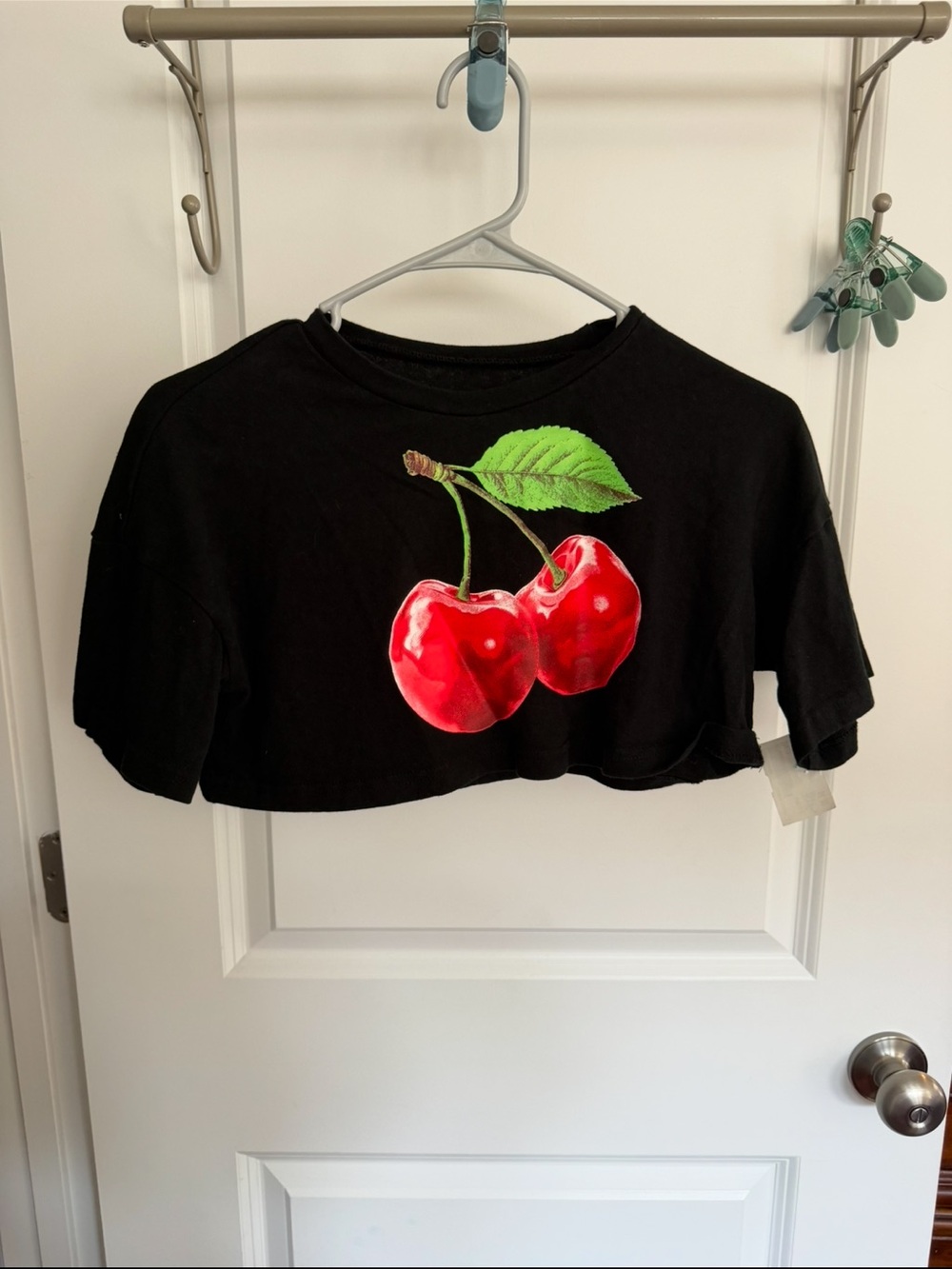 Black Crop Top with Red Cherry Graphic - Women's Casual Tee